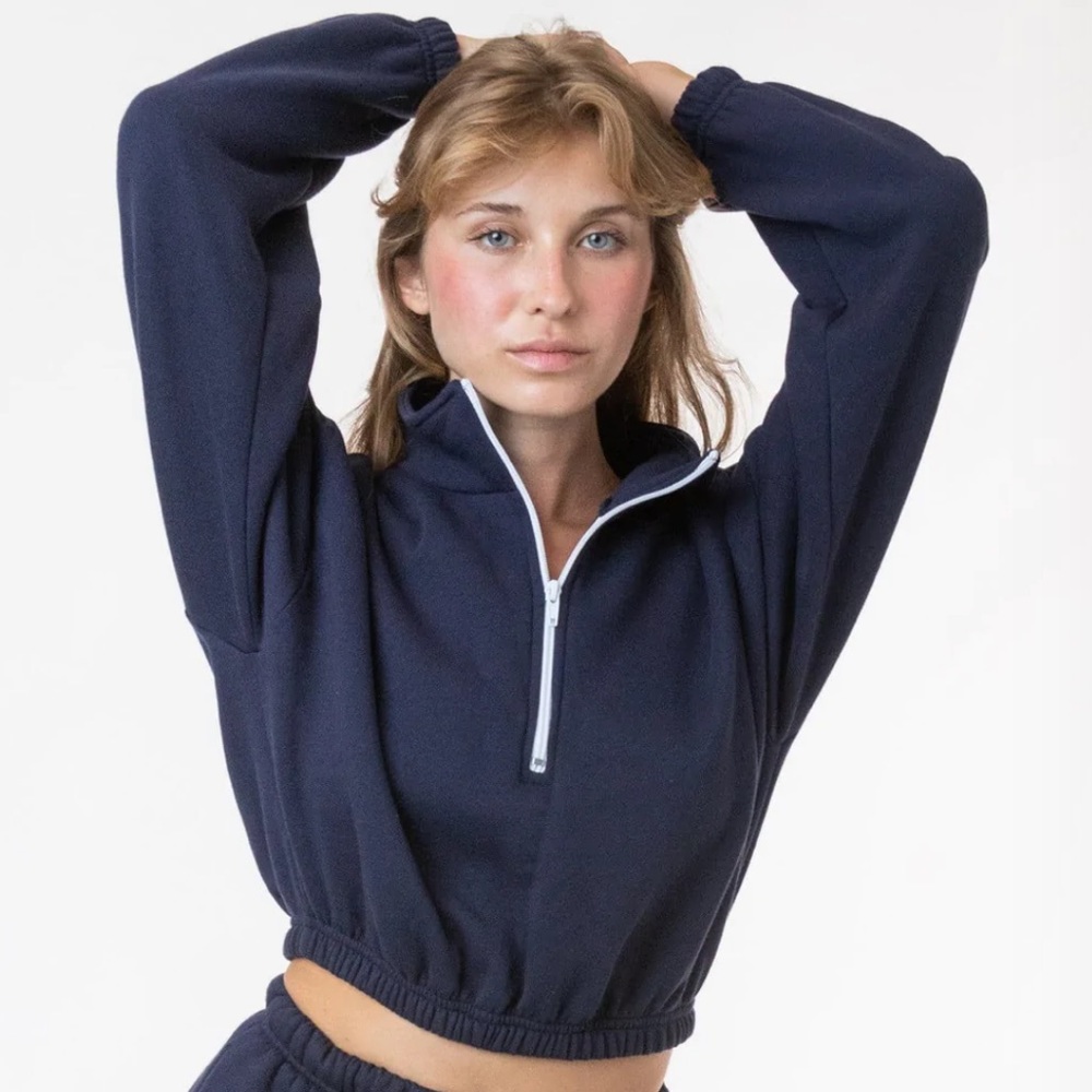 LOS ANGELES APPAREL Flex Fleece Half Zip Cropped Pullover in Navy